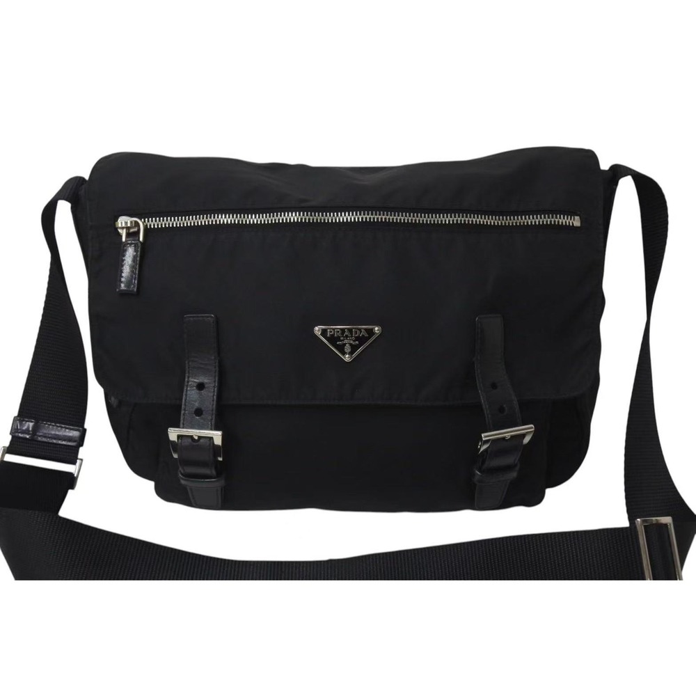 PRADA VERA Triangle Logo Shoulder Bag Messenger Leather Black - Picture 2 of 9